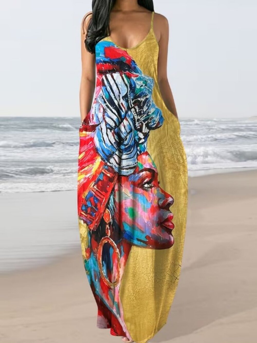 Women's Abstract Portrait Print Maxi Dress Yellow Sleeveless Pocket Dress S